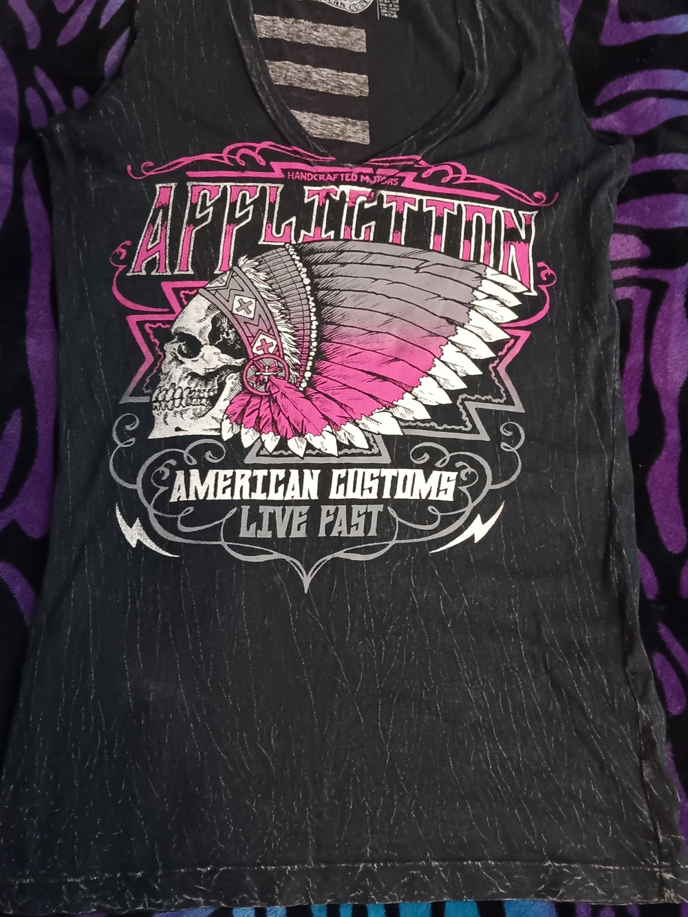 Affliction Black Tank with Pink & White Headdress Graphic